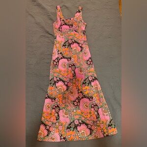 Vintage 1960s or 1970s paisley  maxi dress, Floral Pink and Orange Women's Dress